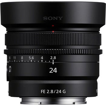 Front view of Sony FE 24mm f/2.8 G wide-angle prime lens for Sony E-mount cameras