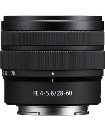 Sony FE 28-60mm F4-5.6 compact full-frame zoom lens, side view showing focal length markings