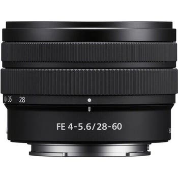 Sony FE 28-60mm F4-5.6 compact full-frame zoom lens, side view showing focal length markings
