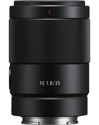Front view of Sony FE 35mm f/1.8 E-mount lens showing $100 cashback offer badge