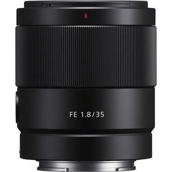 Front view of Sony FE 35mm f/1.8 E-mount lens showing $100 cashback offer badge