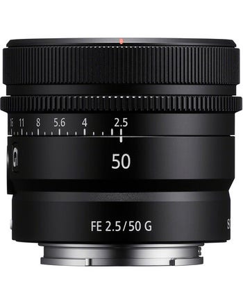 Sony FE 50mm f/2.5 G lens side view with aperture ring and $100 cashback promo badge