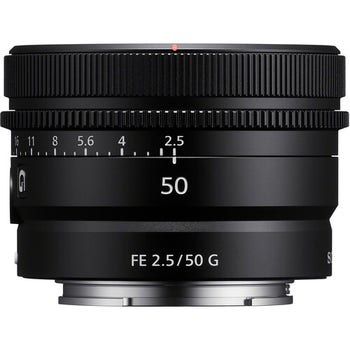 Sony FE 50mm f/2.5 G lens side view with aperture ring and $100 cashback promo badge