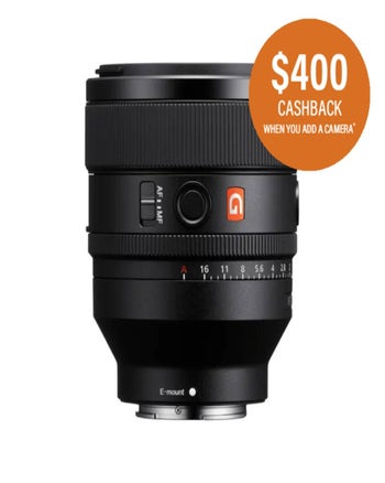Front view of Sony FE 50mm f/1.2 GM E-mount lens with $200 cashback offer badge