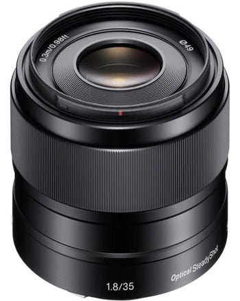 Sony E 35mm f/1.8 OSS APS-C prime lens with 49mm filter thread, front angled product view