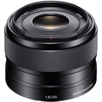 Sony E 35mm f/1.8 OSS APS-C prime lens with 49mm filter thread, front angled product view