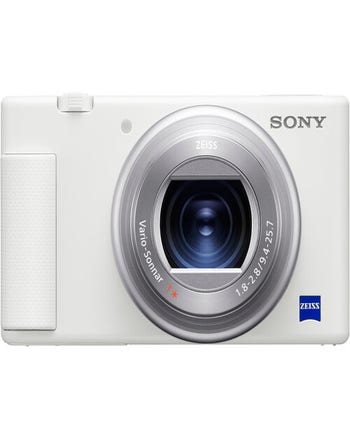 Front view of white Sony ZV-1 digital compact camera with Zeiss Vario-Sonnar T* lens