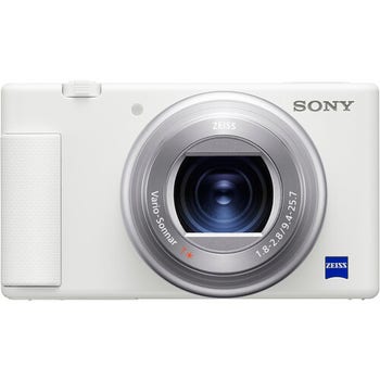 Front view of white Sony ZV-1 digital compact camera with Zeiss Vario-Sonnar T* lens