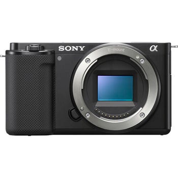 Front view of Sony ZV-E10 black mirrorless camera body only, showing E-mount sensor and grip