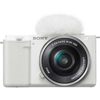 Front view of Sony ZV-E10 white mirrorless camera with 16-50mm lens and clip-on windscreen
