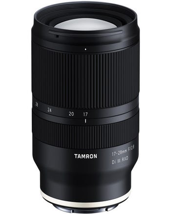 Tamron 17-28mm f2.8 Di III RXD ultra-wide zoom lens for Sony E-mount, front angled product view