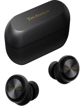 Technics EAH-AZ100 black true wireless earbuds with matching charging case, product front view