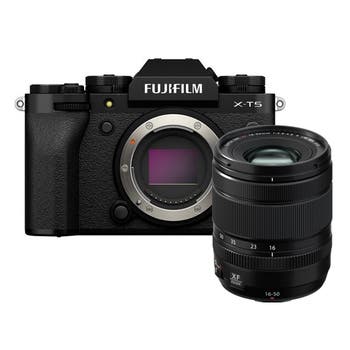 Fujifilm X-T5 black mirrorless camera body shown with XF 16-50mm f/2.8-4.8 R LM WR zoom lens