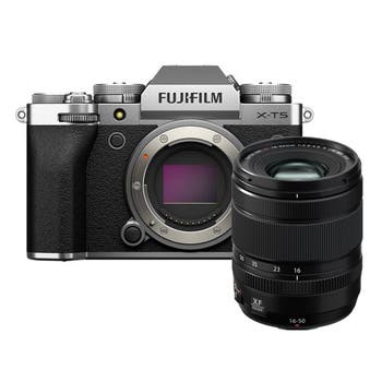 Fujifilm X-T5 silver mirrorless camera body shown with XF 16-50mm f/2.8-4.8 R LM WR zoom lens