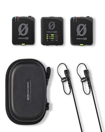 Rode Wireless Pro dual-channel wireless mic kit with two transmitters, receiver, case and lavalier mics on white