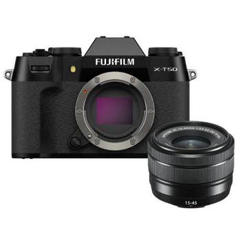 Fujifilm X-T50 black mirrorless camera body shown with XC 15-45mm f/3.5-5.6 OIS PZ zoom lens