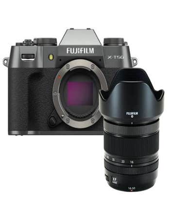 Fujifilm X-T50 mirrorless camera body in charcoal silver with attached XF 16-50mm zoom lens