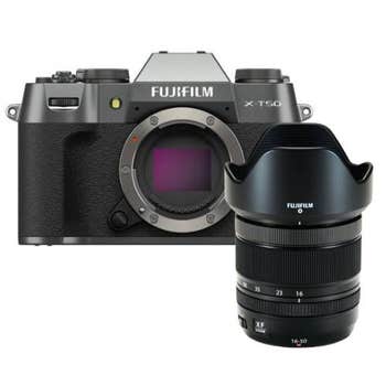 Fujifilm X-T50 mirrorless camera body in charcoal silver with attached XF 16-50mm zoom lens