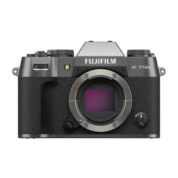 Fujifilm X-T50 mirrorless camera body in charcoal silver, front view showing exposed sensor mount
