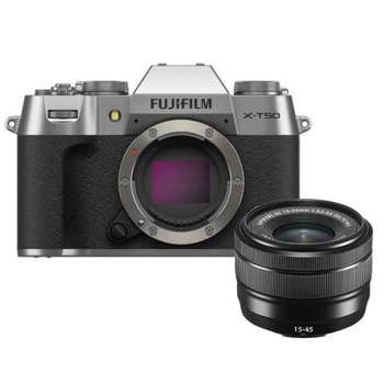 Fujifilm X-T50 silver mirrorless camera body with XC 15-45mm f/3.5-5.6 OIS PZ lens kit