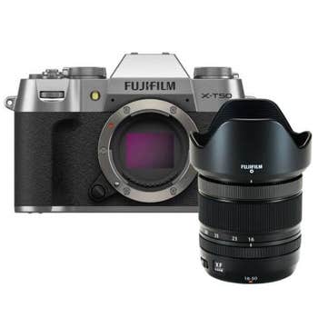 Fujifilm X-T50 silver mirrorless camera body with attached XF 16-50mm f/2.8-4.8 R LM WR zoom lens