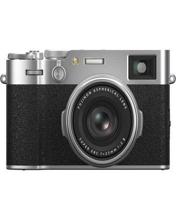Front view of Fujifilm X100VI Camera in silver with fixed 23mm lens