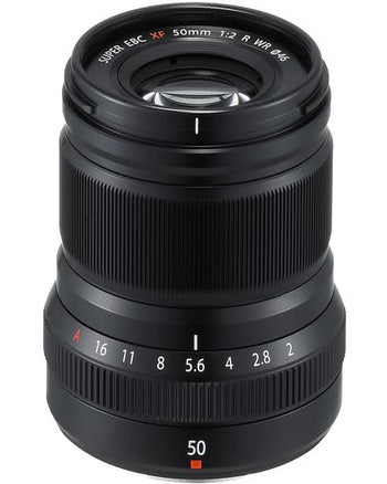 Fujifilm XF 50mm f/2 R WR black lens with aperture ring and weather‑sealed metal barrel