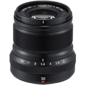 Fujifilm XF 50mm f/2 R WR black lens with aperture ring and weather‑sealed metal barrel