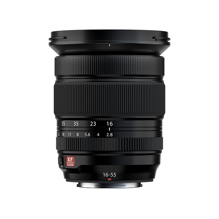 Fujifilm XF 16-55mm f/2.8 R LM WR II zoom lens, front view showing zoom and aperture rings