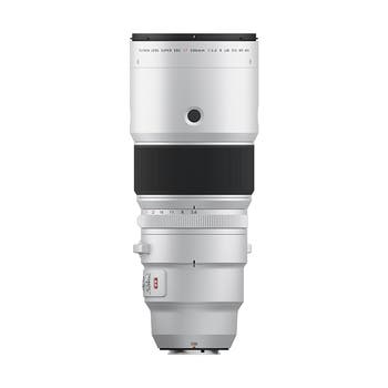 Front view of Fujifilm XF 500mm f/5.6 R LM OIS WR super-telephoto lens in silver finish