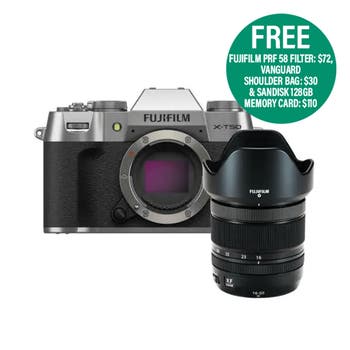 Fujifilm X-T50 silver mirrorless camera body shown with XF 16-50mm lens