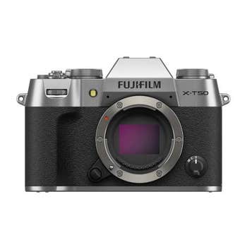 Fujifilm X-T50 silver mirrorless camera body front view without lens attached