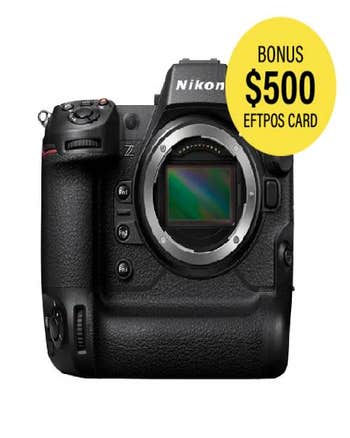 Front view of Nikon Z9 mirrorless camera body showing exposed full-frame sensor and vertical grip