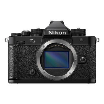 Front view of Nikon Zf mirrorless full frame camera body only in black, showing sensor and controls