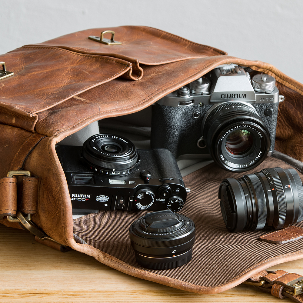 Fujifilm Cameras and Lenses in a Leather Bag