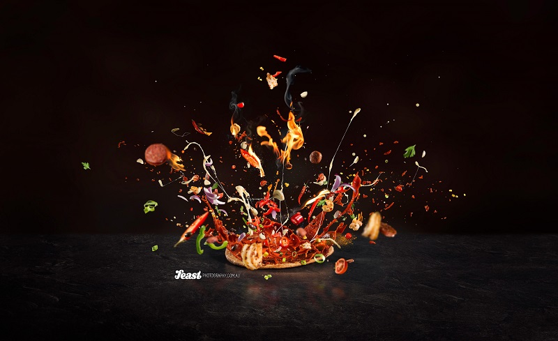 food photography blazing pizza